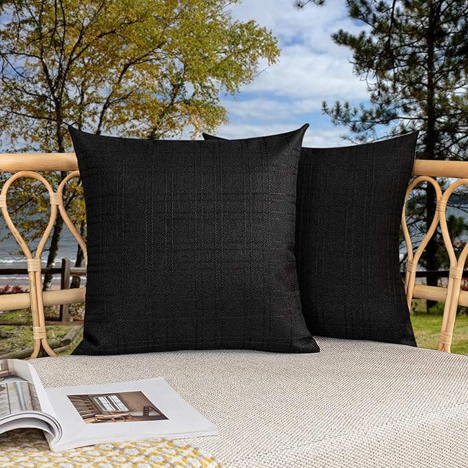 Kevin Textile Pack of 2 Decorative Outdoor Waterproof Throw Pillow Covers Checkered Pillowcases Classic Cushion Cases for Patio Couch Bench 20 x 20 Inch Black