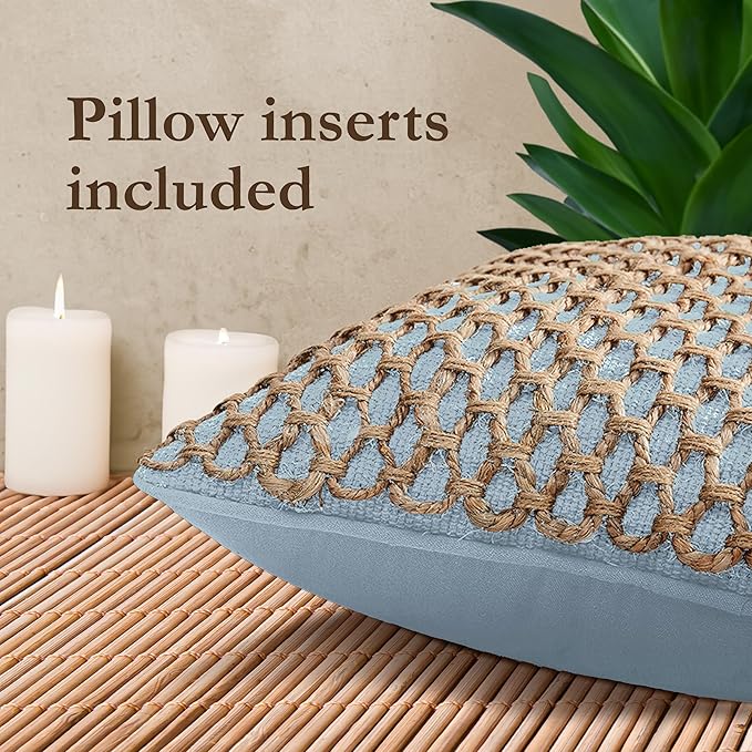 Boho Living Jada Decorative Throw, (2) 20" x 20" Pillow Covers with Insert, Light Blue 2 Count