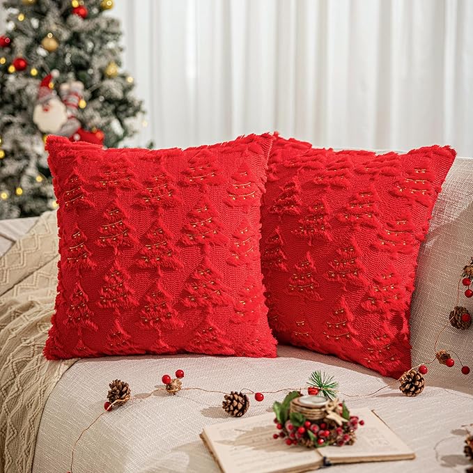 AQOTHES Christmas Tree Decorative Red Throw Pillow Covers 24x24 Set of 2, Faux Fur Farmhouse Throw Pillows Cushion Cases for Xmas Winter Holiday Home Decor