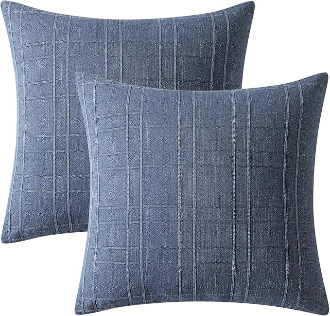 MIULEE Decorative Linen Check Throw Pillow Covers Neutral Farmhouse Vintage Pillow Covers 18x18 Set of 2 Boho Modern Home Decor for Sofa Couch Bedroom Cushion Blue