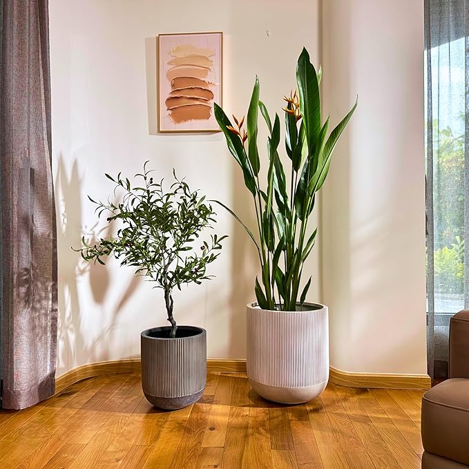 18.7" H x 16.9" D Ribbed Radius Fiberstone Round Planter with Drainage Hole, Weather Resistant for Indoor and Outdoor Use, Included 2 Extra Coco Mats (Frost Grey, 15" Pot Opening)
