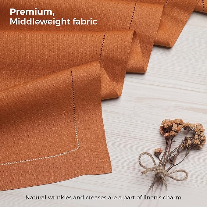 D'Moksha Homes Linen Rust Table Runner 120 Inches Long - 100% Pure Linen Hemstitch 14 x 120 Inch Table Runner for Dining and Fall, Halloween - Classic Hemstitch