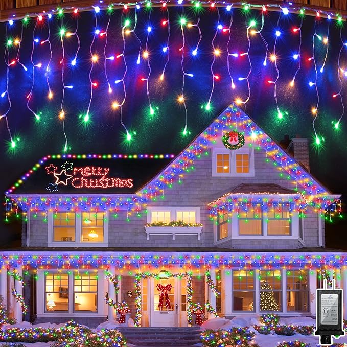 82FT 810 LED Outdoor Christmas Lights - 180 Ice Drops, 12 Modes with Timer Memory Dimmable, Waterproof Hanging Ice String Light for Holiday Wedding Garden Fence House Tree Outside Decor (Multicolor)