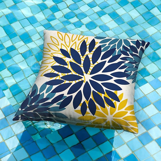 DFXSZ Blue Yellow Flower Pillow Covers 16x16 Inch Set of 2 Outdoor Throw Pillows Outdoor Waterproof Decor for Living Room Sofa Patio Funiture Garden Floral Polyester Pillow Covers 012D16