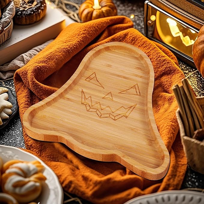 WILLKOMMEN Halloween Serving Tray, Ghost Shaped Charcuterie Board, Bamboo Serving Platter 10" x 9" for Party Child Spooky Cheese Appetizer Board Serving Plate Dishes for Snacks, Candy, Cookies