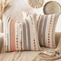 ANRODUO Pack of 2 Boho Decorative Throw Pillow Covers 18x18 Farmhouse Cushion Case Striped Chenille Pillow Cases Square Pillow Covers Accent Neutral Pillowcase for Sofa Couch Bed Fall, Pink Stripe