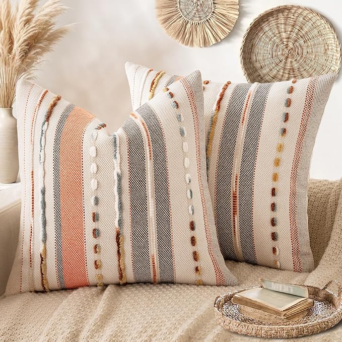 ANRODUO Pack of 2 Boho Decorative Throw Pillow Covers 18x18 Farmhouse Cushion Case Striped Chenille Pillow Cases Square Pillow Covers Accent Neutral Pillowcase for Sofa Couch Bed Fall, Pink Stripe