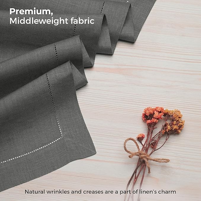 D'Moksha Homes Linen Charcoal Grey Table Runner 132 Inches Long - 100% Pure Linen Extra Long Table Runner 14 x 132 Inch for Fall, Autumn and Halloween - Classic Hemstitch