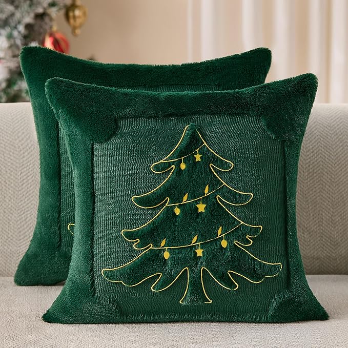 DFXSZ Christmas Pillow Covers 18x18 Yellow Star Light Green Christmas Tree Decoration Soft Plush Faux Fur Jacquard Throw Pillows for Bedroom Sofa Holiday Festivals Winter Home Decor PTK067A18