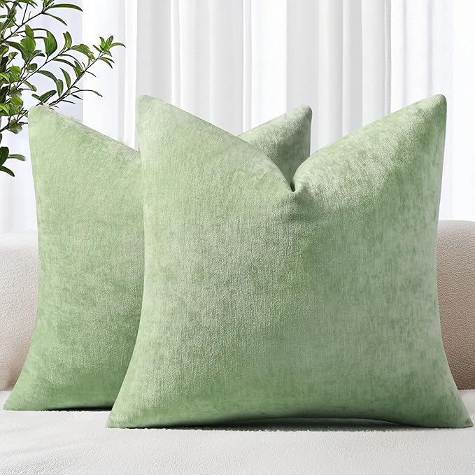 decorUhome Chenille Sage Green Throw Pillow Covers 18x18 Inch Set of 2, Decorative Soft Couch Pillow Covers Solid Dyed Accent Velvet Farmhouse Neutral Square Pillow Cases for Sofa Bed Living Room