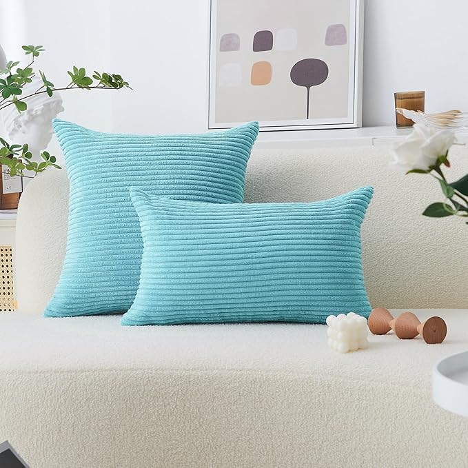 Home Brilliant Turquoise Pillow Covers Striped Corduroy Plush Texture Velvet Euro Sham Throw Pillows for Bed Patio, 24x24 inch, Teal