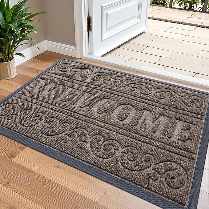 OLANLY Welcome Door Mat Indoor Outdoor Entrance, Heavy Duty Sturdy Front Door Mat, Waterproof All-Weather Doormat, Stain Resistant, Low Profile, Easy Clean Patio Entryway Mat, 36 x 24, Brown