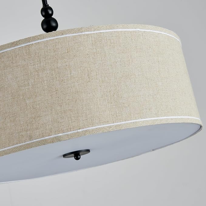 Shrine Lighting Drum Chandeliers, Farmhouse Style, Perfect Drum Pendant Light for Dining Room, D21'' x H8'', Adjustable Chains 59'', E26*3 Sockets, Beige Linen Fabric Lampshade & Black Rod