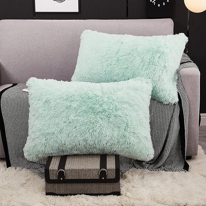 WERDIM Shaggy Faux Fur Pillowcases 2 Pack Button Closure Velvet Pillow Shams Standard/Queen Size (Aqua, 20 X 26 Inches)