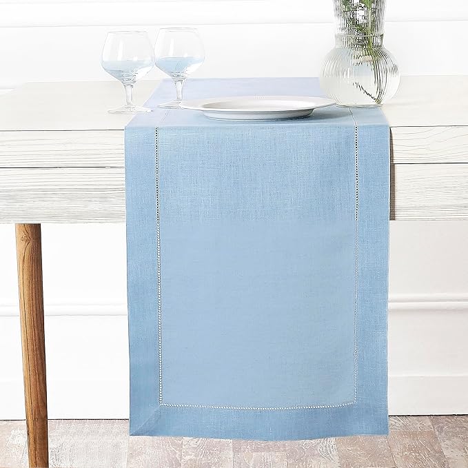 D'Moksha Homes Linen Powder Blue Table Runner 48 Inches - Classic Hemstitch, 100% Pure Linen Coffee Table Runner 14 x 48 Inch Ideal for Dresser Tables - Fall, Autumn and Halloween