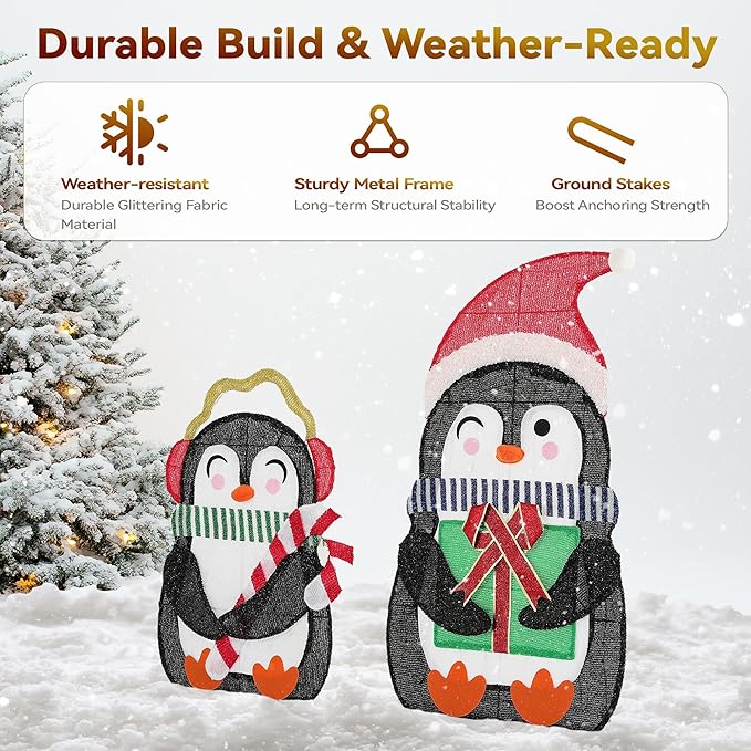 35In Christmas Lighted Penguins, Set of 2 Christmas Decorations Outdoor with 120 LED Lights,Xmas Pre-Lit Penguin Family Set,Light Up Decor with Stakes for Holiday, Yard, Lawn and Garden