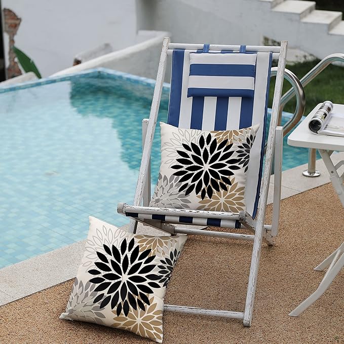 DFXSZ Black Brown Outdoor Pillow Covers 16x16 Inch Set of 2 White Gray Flower Throw Pillows Farmhouse Outdoor Modern Floral Polyester Square Cushion Case Decor for Patio Funiture Garden 002B16