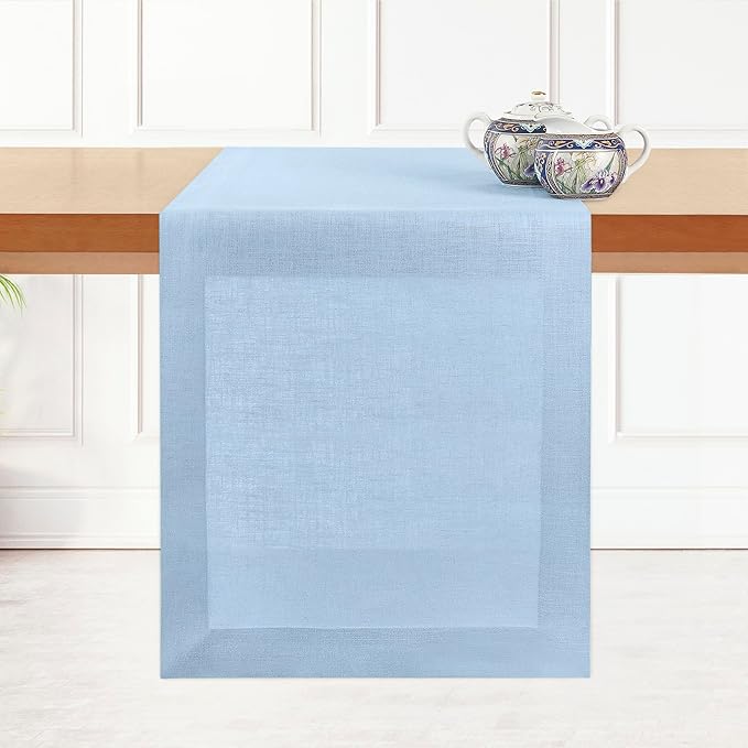 D'Moksha Homes Linen Powder Blue Table Runner 90 Inches Long - 100% Pure Linen 14 x 90 Inch Table Runner for Dining, Fall, Autumn and Halloween - Machine Washable
