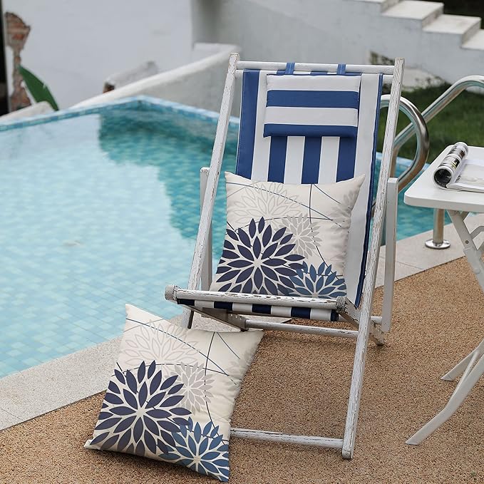 Blue Flower Pillow Covers 16x16 Inch Set of 2 Dark and Light Blue Colored Pillow Farmhouse Outdoor Waterproof Decor for Patio Funiture Garden Summer Floral Polyester Square Cushion Cover 01D16