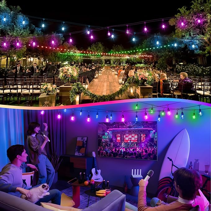 100FT(2x50FT) RGB Solar Outdoor String Lights with Remote, Multicolor&Warm White Dimmable Waterproof Patio Lights with 30 LED S14 Bulbs-Black