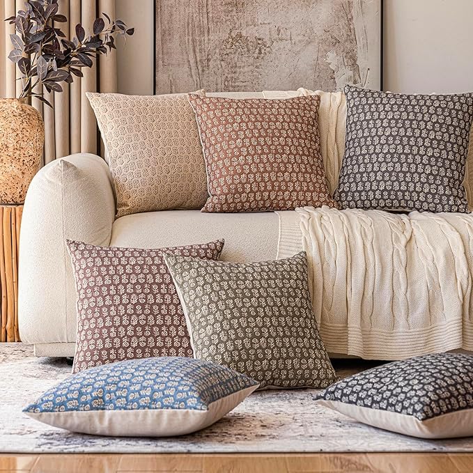 Foindtower Set of 2 Decorative Vintage Floral Print Throw Pillow Covers Neutral Modern Farmhouse Cushion Covers Boho Home Decor for Sofa Couch Chair Bedroom Living Room,22×22 Inch,Rustic Gray