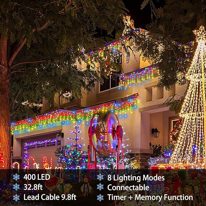 32.8ft 400 LED Icicle String Lights, 8 Modes Waterproof Icicle Christmas Lights Outdoor with Memory Function, Curtain Fairy Lights Hanging Decor for Home, Party, Christmas & Halloween (Multicolor)