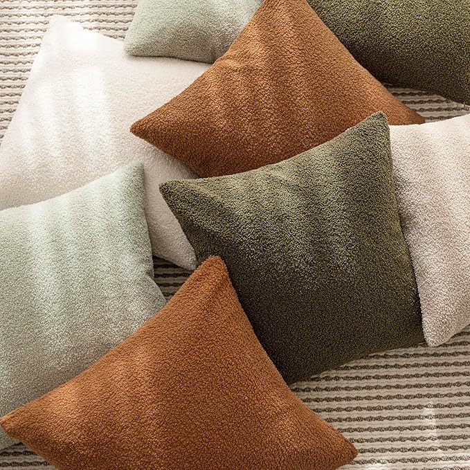 Foindtower Pack of 2, Curly Faux Fur Decorative Throw Pillow Covers Soft Fuzzy Plush Cushion Case with Zipper Cozy Pillowcase for Home Living Room Couch Bed Sofa 16 x 16 Inch, Moss Green