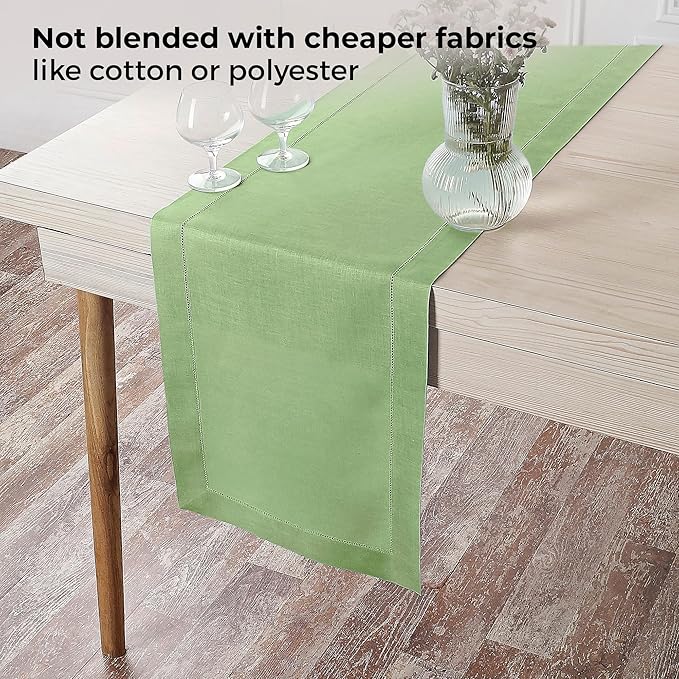 D'Moksha Homes Linen Sage Green Table Runner 144 Inches Long - 100% Pure Linen Extra Long Table Runner 14 x 144 Inch for Fall, Autumn and Halloween - Classic Hemstitch
