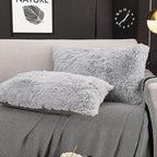 WERDIM Shaggy Faux Fur Pillowcases 2 Pack Button Closure Velvet Pillow Shams King Size (Light Grey, 20 X 36 Inches)