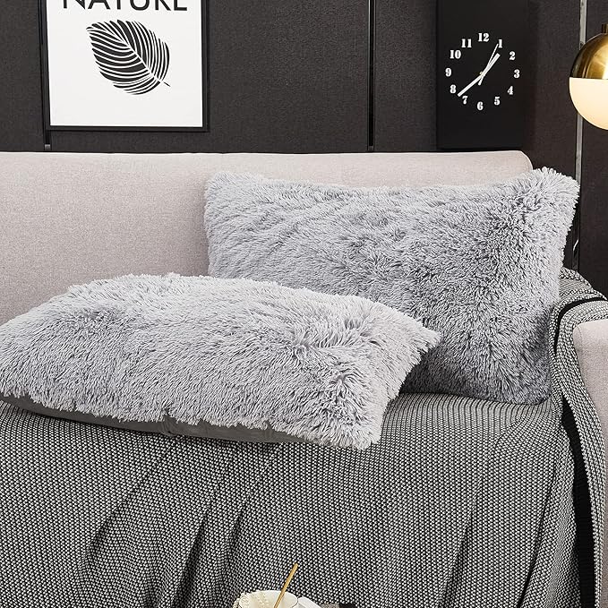 WERDIM Shaggy Faux Fur Pillowcases 2 Pack Button Closure Velvet Pillow Shams King Size (Light Grey, 20 X 36 Inches)