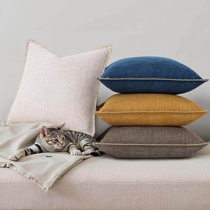 decorUhome Decorative Outdoor Throw Pillow Covers 20x20 Set of 2, Square Linen Rustic Neutral Farmhouse Euro Pillow Covers with Stitched Edge for Couch, Sofa, Living Room, Beige