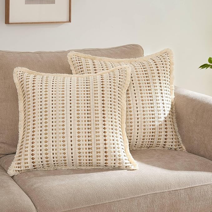 Decorative Pillow Covers Set of 2, Boho Farmhouse Couch Throw Pillows with Tassels, Textured Small Dot Pattern Cushion Cases for Sofa Living Room Home Decor (Beige, 20" x 20" (Pack of 2))