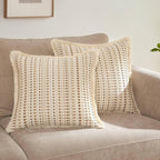 Decorative Pillow Covers Set of 2, Boho Farmhouse Couch Throw Pillows with Tassels, Textured Small Dot Pattern Cushion Cases for Sofa Living Room Home Decor (Beige, 18" x 18" (Pack of 2))