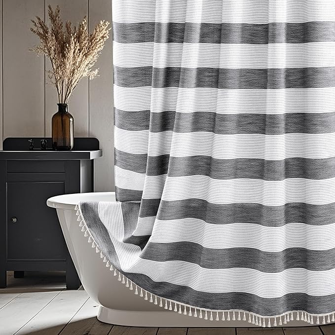 Boho Farmhouse Heavyweight Shower Curtain with Tassels, 350GSM Cotton Linen Fabric Shower Curtain for Rustic Bathroom, 72 x 72 Inch Vintage Black and White Striped Bath Curtain Water-Repellent