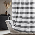 Boho Farmhouse Heavyweight Shower Curtain with Tassels, 350GSM Cotton Linen Fabric Shower Curtain for Rustic Bathroom, 72 x 72 Inch Vintage Black and White Striped Bath Curtain Water-Repellent