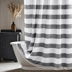 Boho Farmhouse Heavyweight Shower Curtain with Tassels, 350GSM Cotton Linen Fabric Shower Curtain for Rustic Bathroom, 72 x 72 Inch Vintage Black and White Striped Bath Curtain Water-Repellent