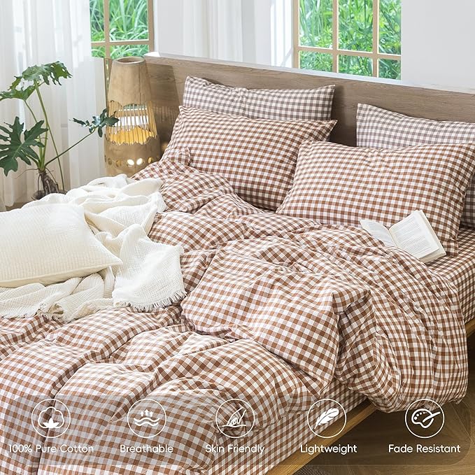 MooMee Gingham Duvet Cover Set 100% Washed Cotton Linen Like Textured Breathable Durable Soft Comfy Modern Checkered Design (Dark Orange Gingham, Queen 90"x90")