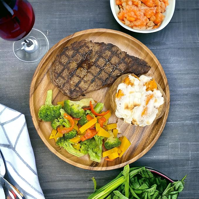 Acacia Wooden Plates – Set of 4, 10” Round Dinner Plates, Rustic Handcrafted Tableware for Charcuterie, BBQ, Farmhouse Dining, or Gift