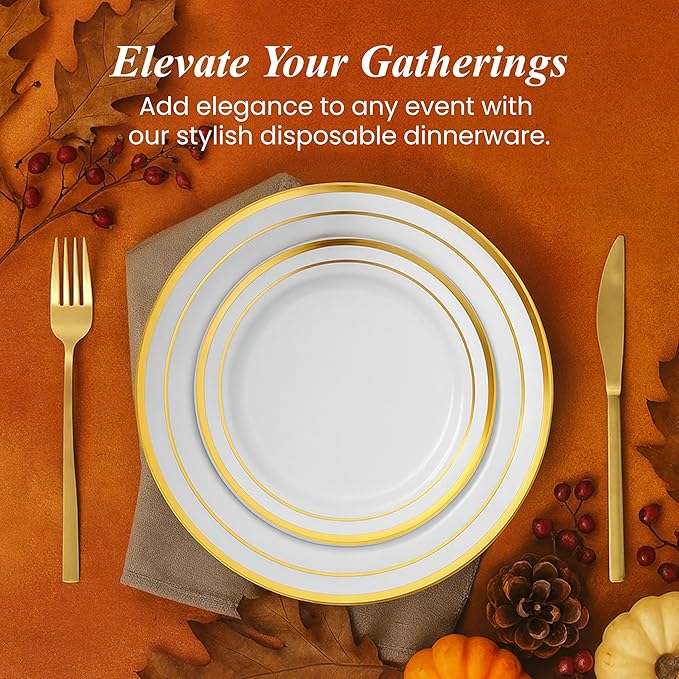 Aya's Cutlery Kingdom 100 Disposable White Plastic Plates with Gold Trim - Includes 50 (10-Inch) Plastic Dinner and 50 (7.5-Inch) Salad Dessert Plates - Heavy Duty and Elegant Tableware