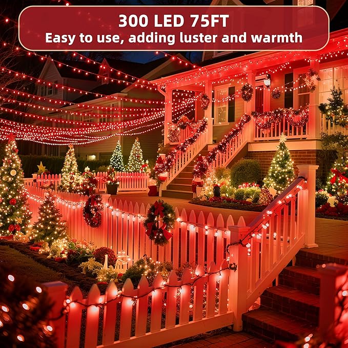 300 LED Outdoor Christmas Lights 75ft, 12 Lighting Modes Indoor String Lights Dimmable & Timer Memory, Outsite Waterproof Tree Lights for Xmas Room Garden Wedding Party Holiday Decorations Red