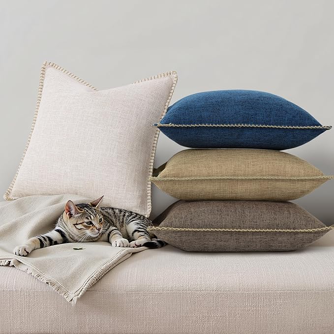decorUhome Decorative Outdoor Throw Pillow Covers 26x26 Set of 2, Square Linen Rustic Neutral Farmhouse Euro Pillow Covers with Stitched Edge for Couch, Sofa, Living Room, Beige