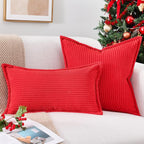 Mecatny Christmas Corduroy Throw Pillow Covers 12x20 Set of 2, Neutral Decorative Soft Boho Lumbar Couch Pillow Covers with Broadside for Sofa Living Room, Red