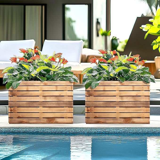 FENCY Large Metal Planter, Large Rectangular Planters for Outdoor Plants, Tall Outdoor Planters for Porch Patio, 35.4″ × 9.1″ × 25.6″ H Walnut Finish Metal Planter with Drainage Hole