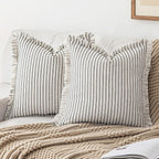 Throw Pillow Covers 24x24 Set of 2 Striped Fringe Pillow Cover Farmhouse Cushion Covers with Tassel Neutral Boho Pillows Decorative Square Pillowcase for Couch Sofa Bed, Black