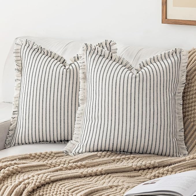 Throw Pillow Covers 24x24 Set of 2 Striped Fringe Pillow Cover Farmhouse Cushion Covers with Tassel Neutral Boho Pillows Decorative Square Pillowcase for Couch Sofa Bed, Black