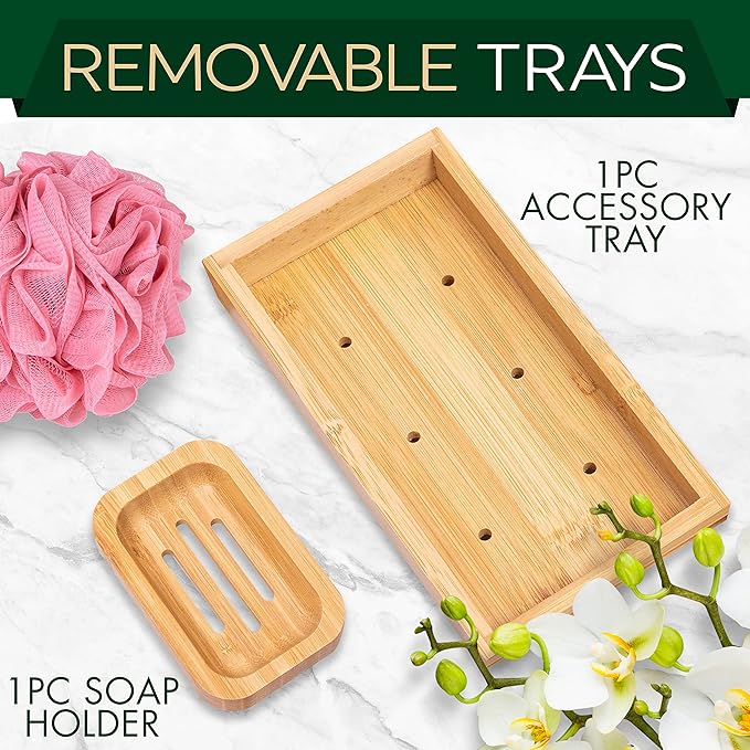 SereneLife Bamboo Bathtub Caddy with Luxury Gift Box and Red Gifting Ribbon Extendable & Adjustable Tray with Device/Book Holder with Removable Trays for Bath Accessories (Natural Color)