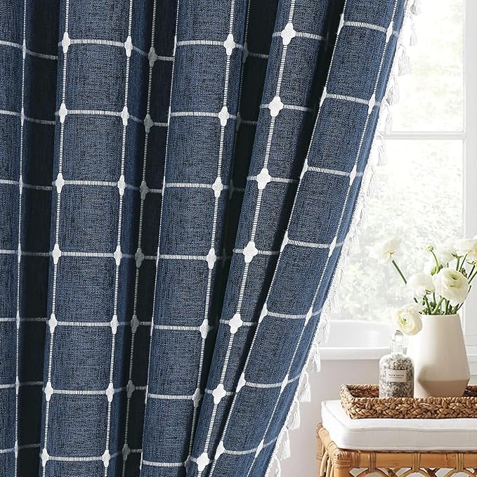 MitoVilla Navy Blue 72 x 78 Farmhouse Shower Curtain, Boho 78 inch Long Polyester Linen Tassel Fabric Shower Curtain Set for Chic Cottagecore French Rustic Bathroom Decor