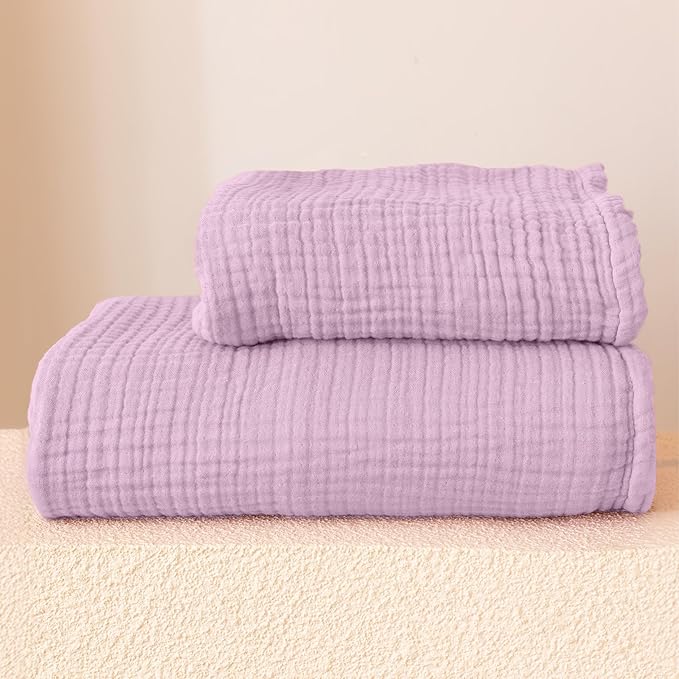 Ultra Soft Muslin Towel Adult Set, 100% Turkish Cotton 4-Layer 2 Pieces Luxury Muslin Hand & Bath Towels Sets for Bathroom (Lilac, 1 Bath & 1 Hand Towel Set)