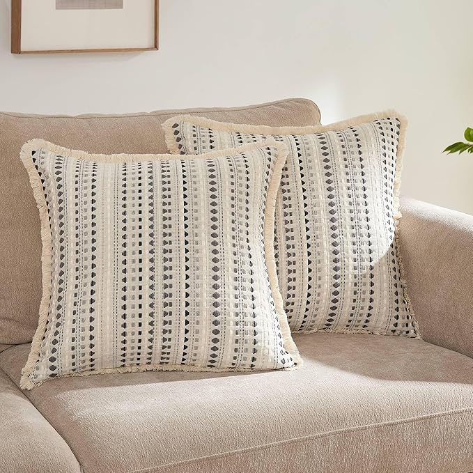 Decorative Pillow Covers Set of 2, Boho Farmhouse Couch Throw Pillows with Tassels, Textured Small Dot Pattern Cushion Cases for Sofa Living Room Home Decor (Grey, 20" x 20" (Pack of 2))