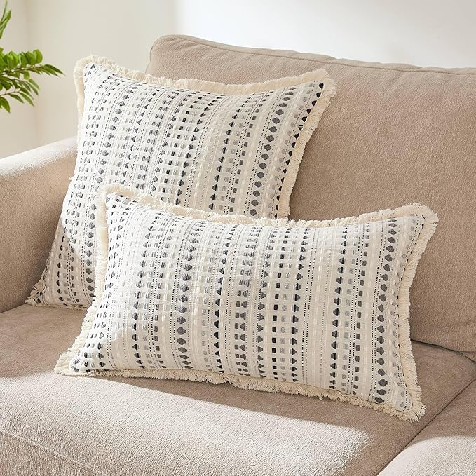 Decorative Pillow Covers Set of 2, Boho Farmhouse Couch Throw Pillows with Tassels, Textured Small Dot Pattern Cushion Cases for Sofa Living Room Home Decor (Grey, 20" x 20" (Pack of 2))